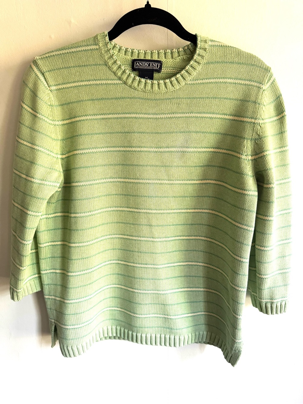 Lands' End Women's Pale Green Striped Crewneck 100% Cotton Sweater